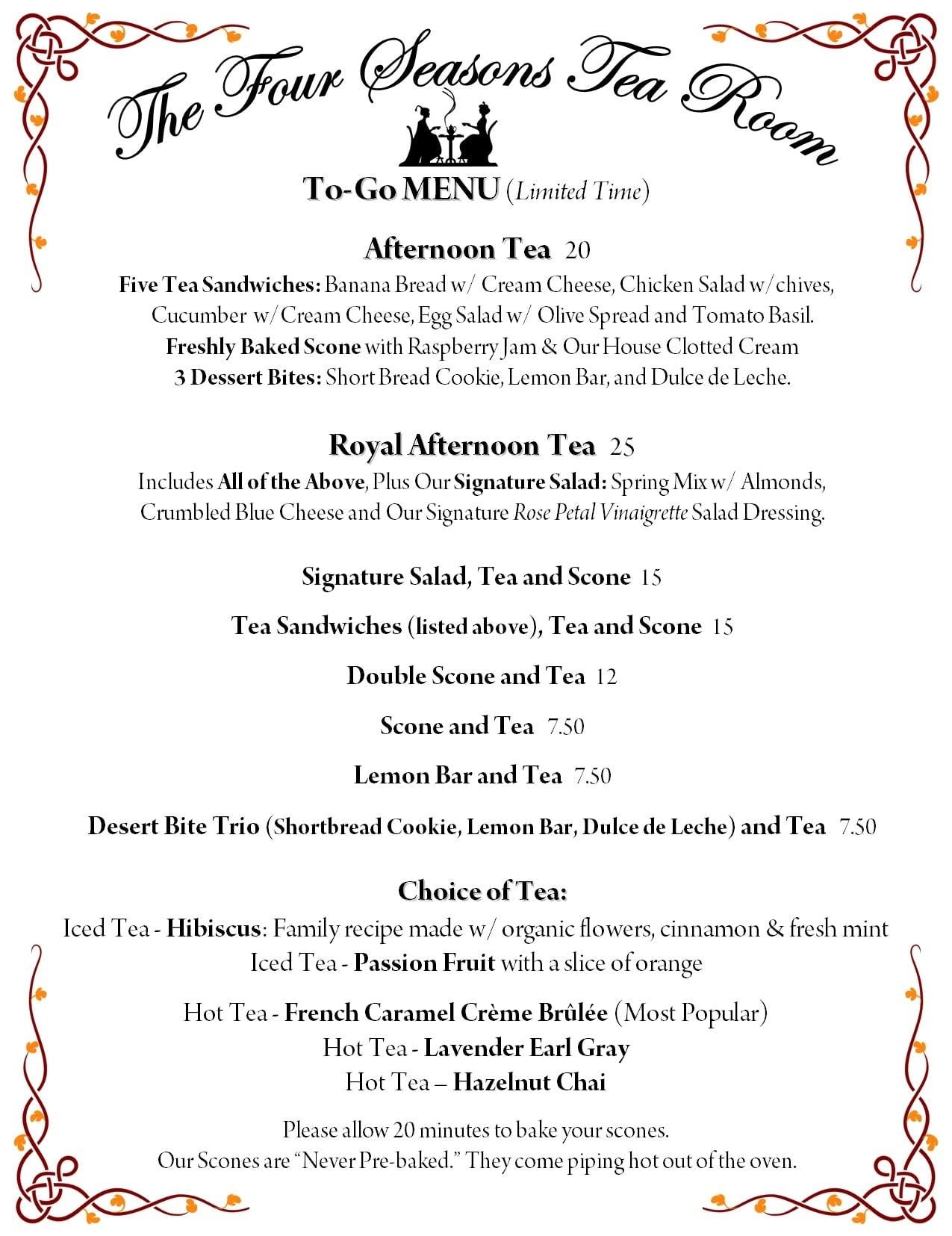 Four Seasons Tea Room menu