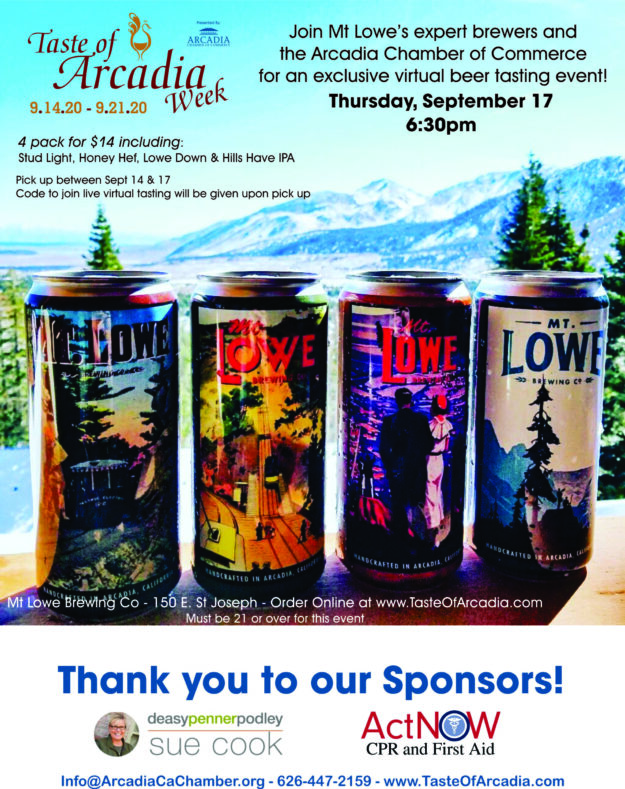 Taste of Arcadia presentation of beer tasting with Mt Lowe flyer