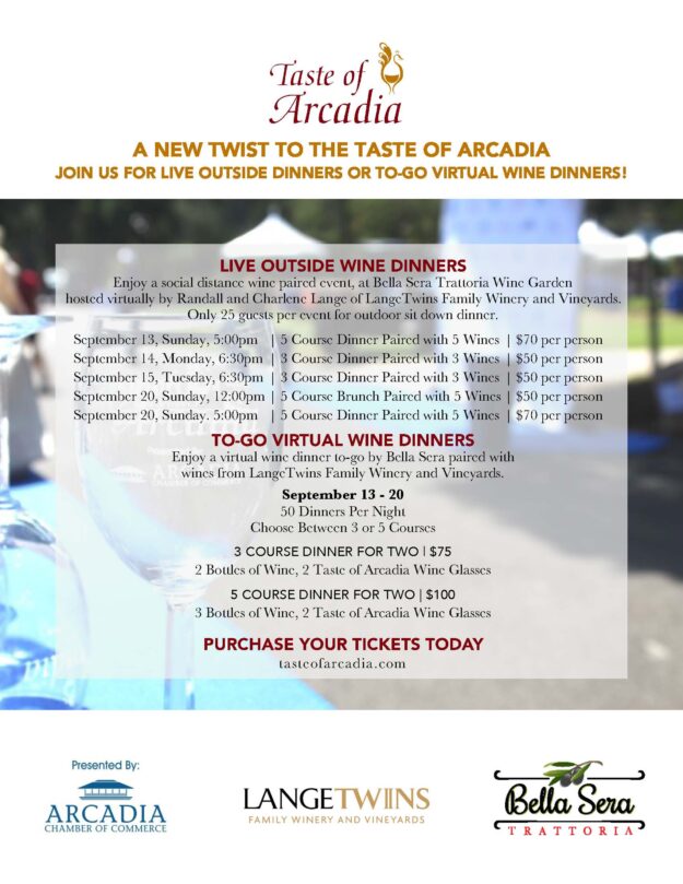 Taste of Arcadia Wine Tasting Event flyer FINAL Taste of Arcadia dining in 2020