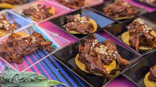 plates of shredded meat on chips set in rows on black and clear plates