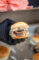 a sandwich held by a hand in a black glove