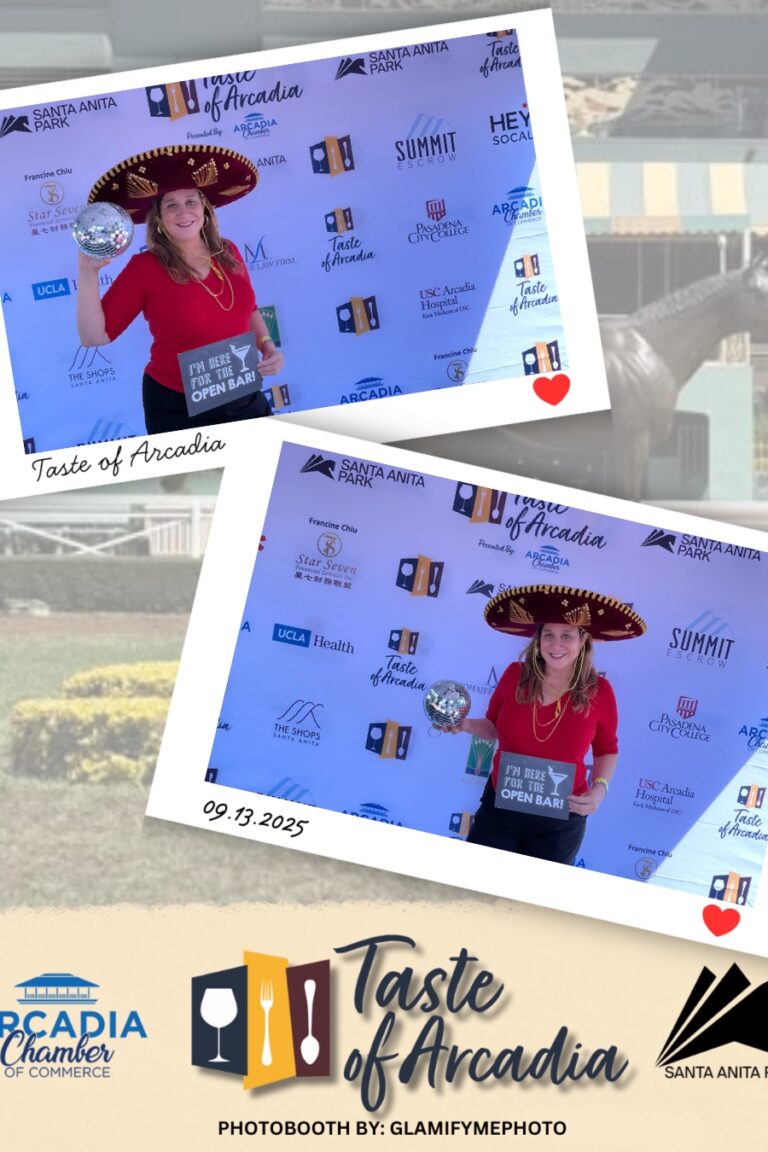 a woman in a red shirt wearing a sombrero and holding a disco ball in a photo booth setting with a background showing the Taste of Arcadia logo