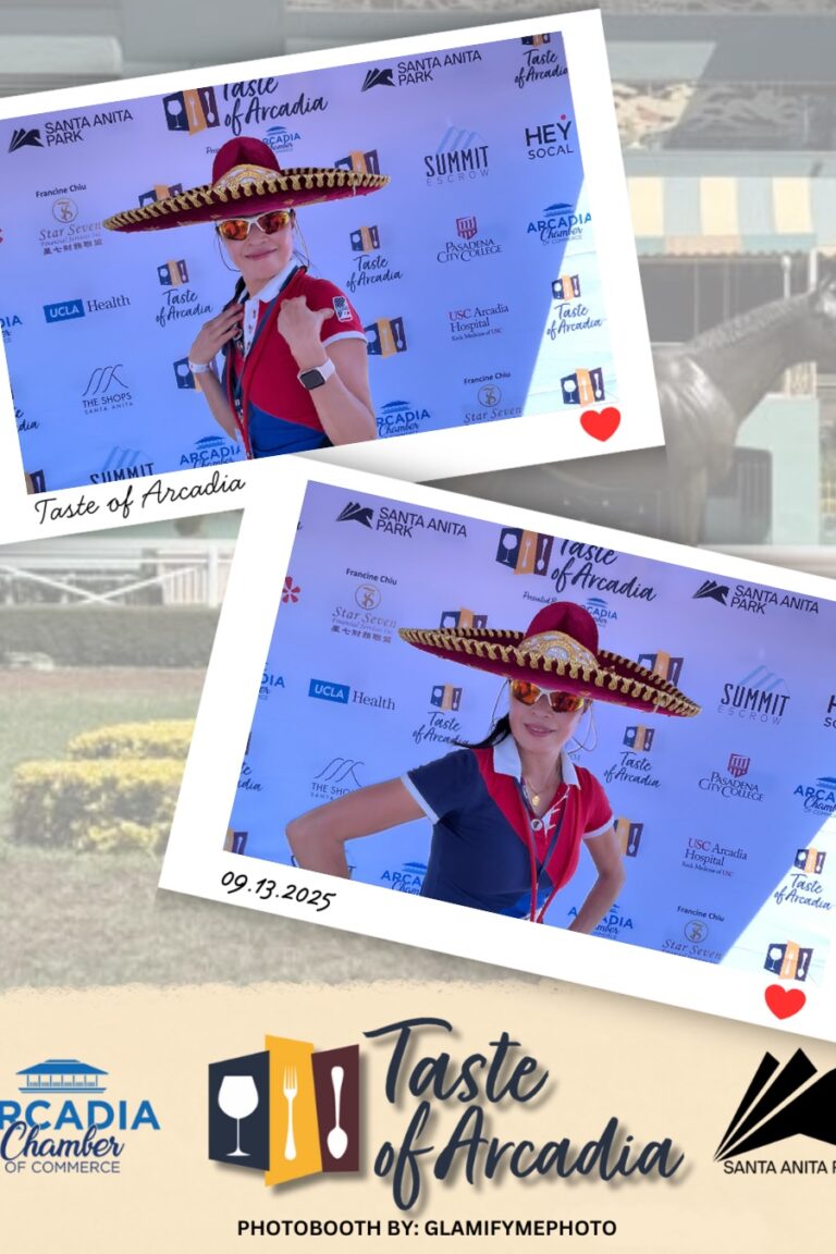 a woman in a blue and red collared shirt wearing a sombrero in a photo booth setting with a background showing the Taste of Arcadia logo