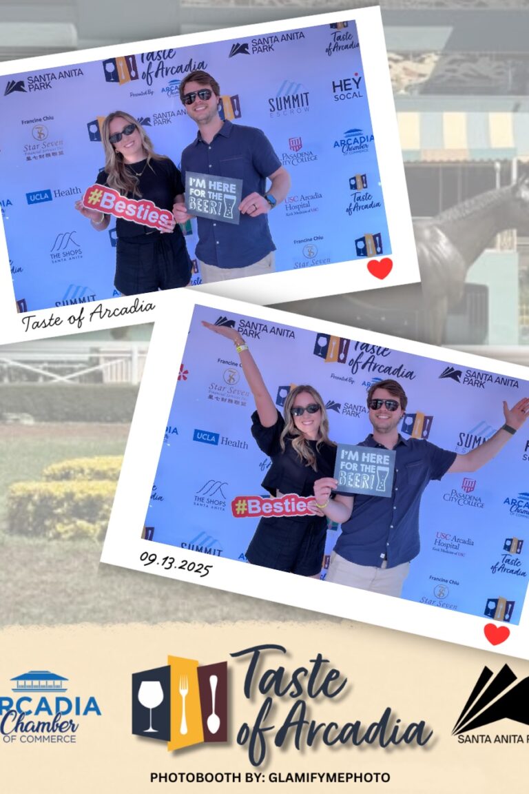 a woman in a black shirt holding a sign saying Bestie with a man in a blue shirt holding a sign saying I'm Only Here for the Beer in a photo booth setting with a background showing the Taste of Arcadia logo