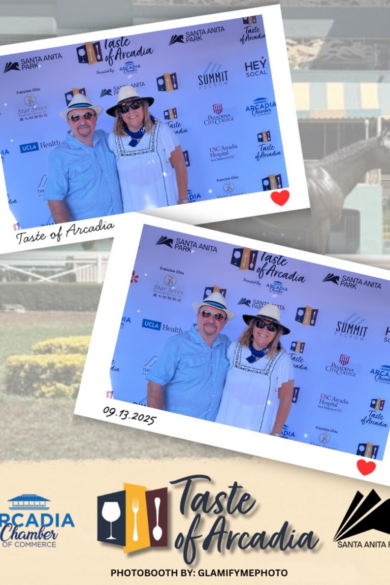 a woman in a white shirt wearing a straw hat with a man in a blue shirt and straw hat in a photo booth setting with a background showing the Taste of Arcadia logo