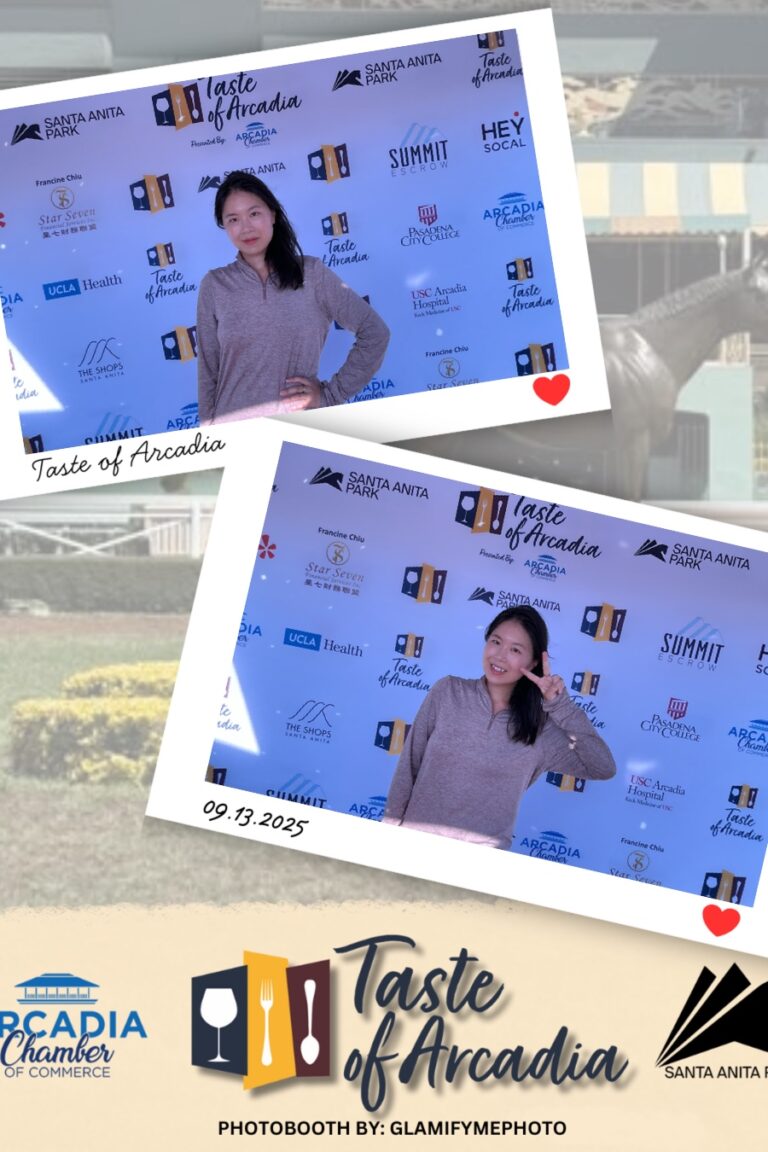 a woman in a gray hoodie in a photo booth setting with a background showing the Taste of Arcadia logo