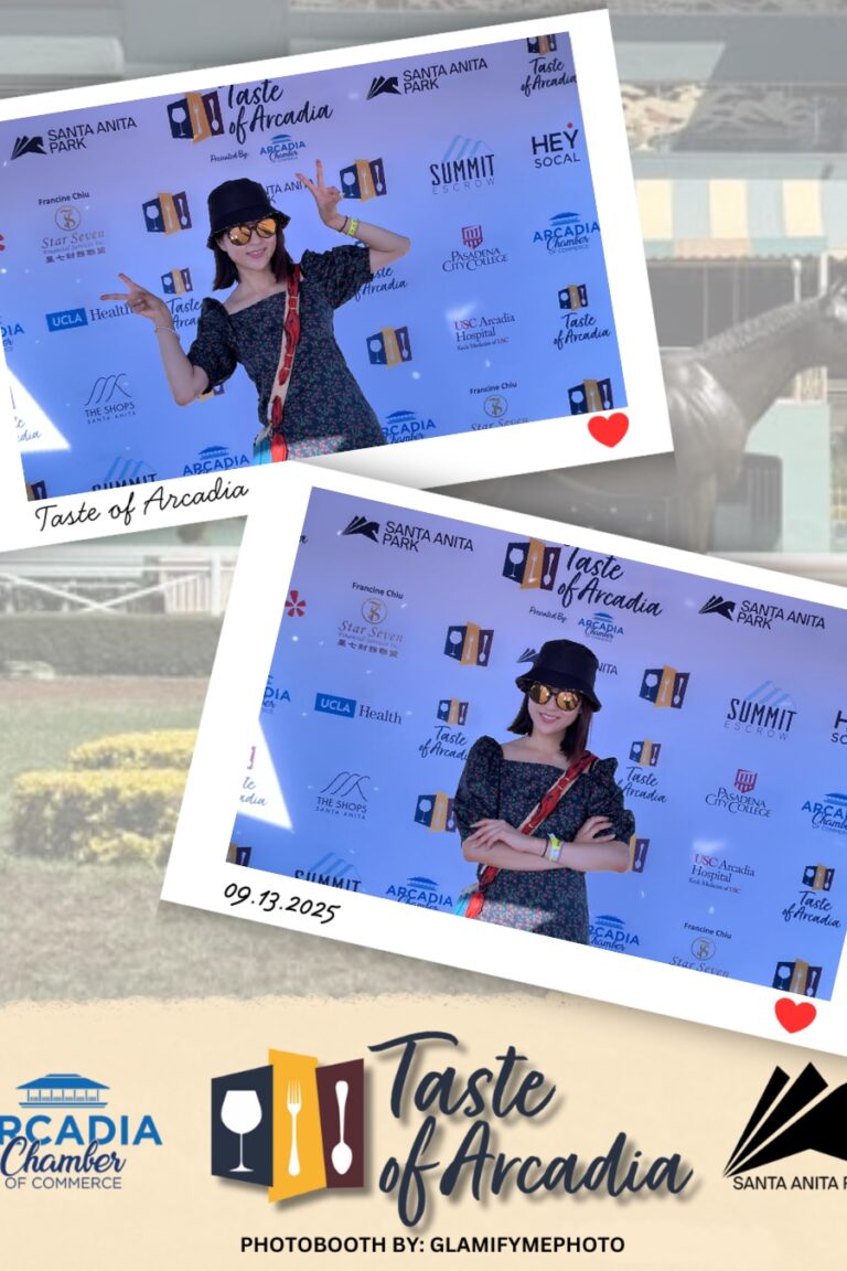 a woman in a black bucket hat in a photo booth setting with a background showing the Taste of Arcadia logo