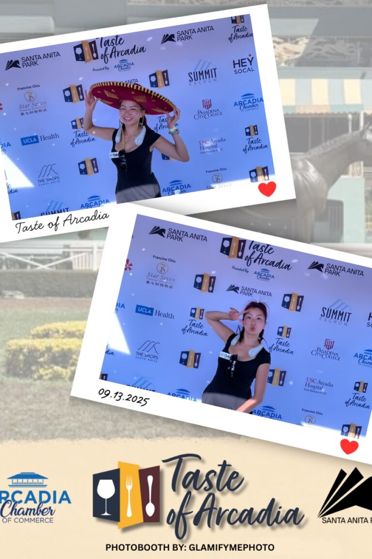 a woman in a black shirt and sombrero in a photo booth setting with a background showing the Taste of Arcadia logo