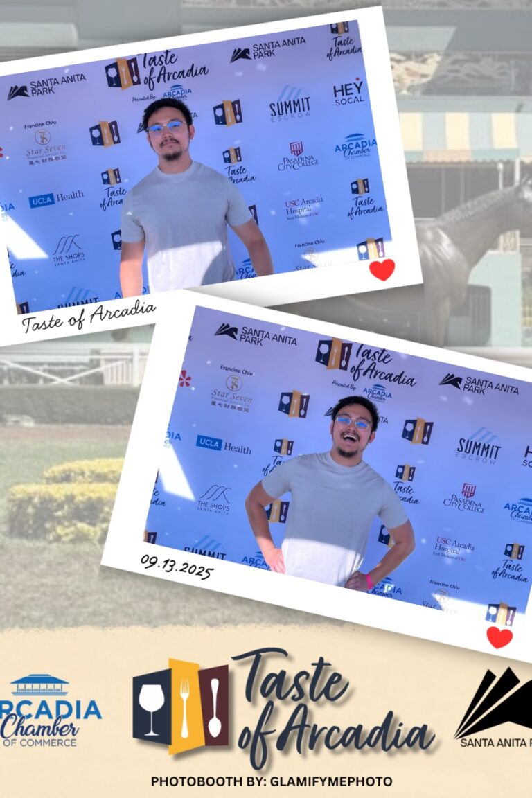 a man in a white t-shirt in a photo booth setting with a background showing the Taste of Arcadia logo