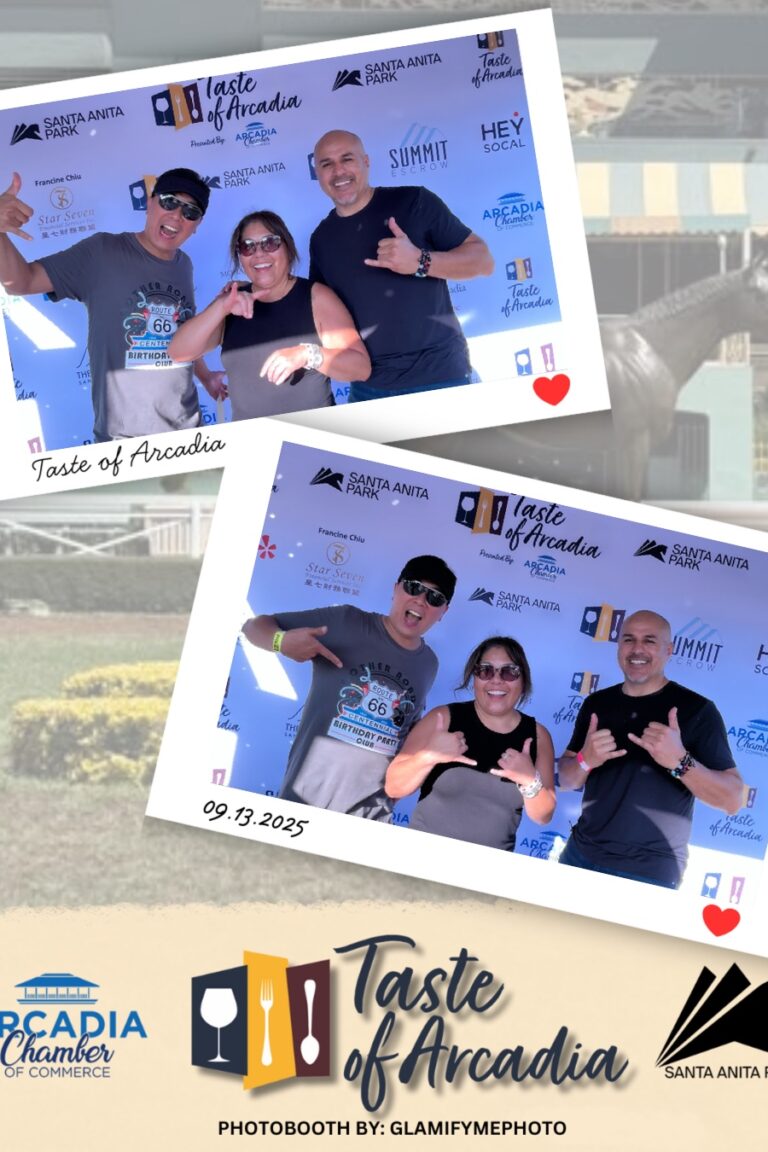 three people giving thumbs up in a photo booth on a background with the Taste of Arcadia logo