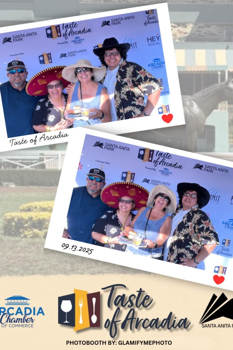 a group of four people all wearing hats in a photo booth on a background with the Taste of Arcadia logo