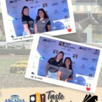 two women in a photo booth on a background with the Taste of Arcadia logo