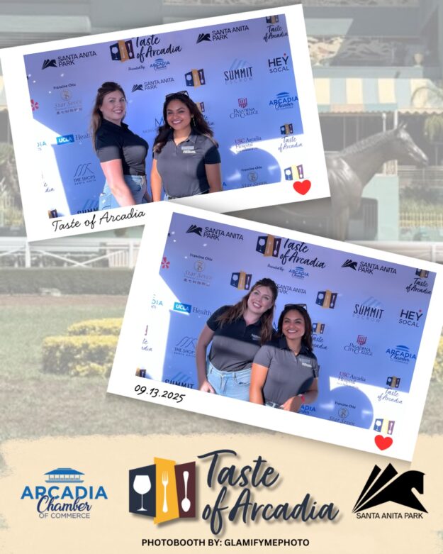 two women in a photo booth on a background with the Taste of Arcadia logo