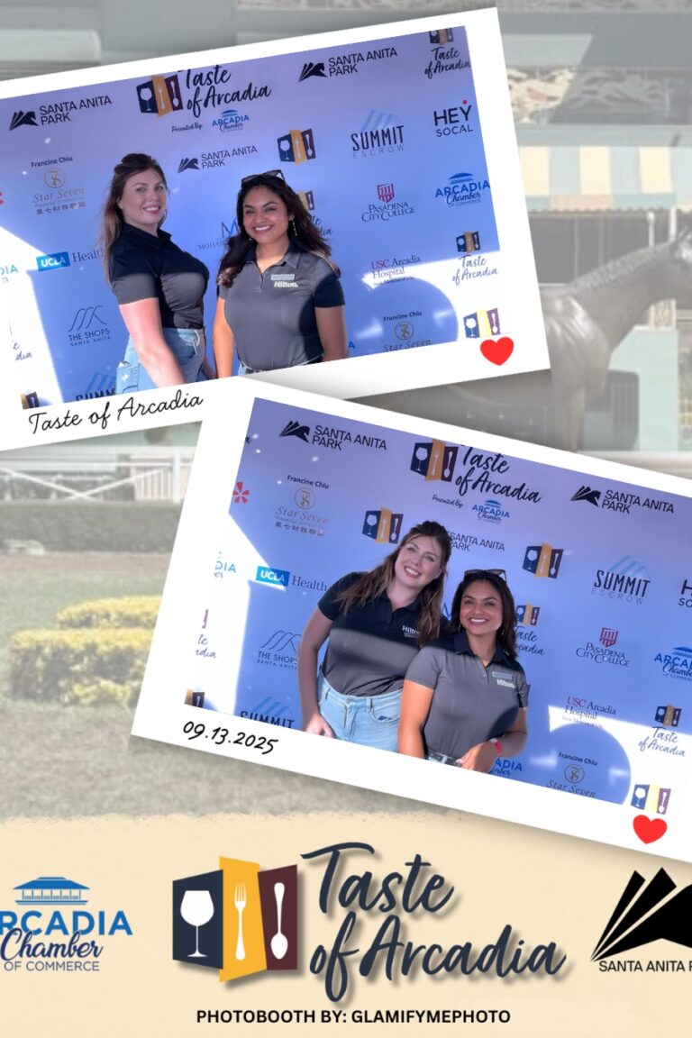 two women in a photo booth on a background with the Taste of Arcadia logo