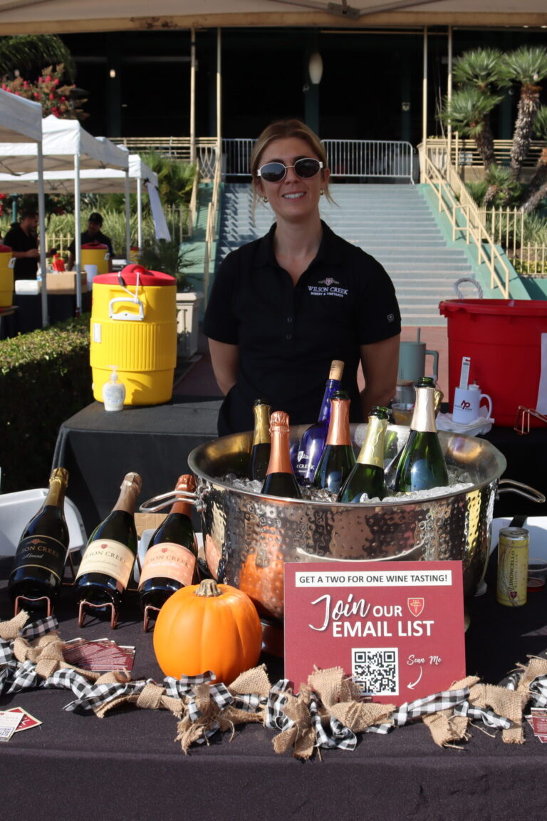 a woman in a black polo stands behind a booth set with wine bottles on ice and fall decor